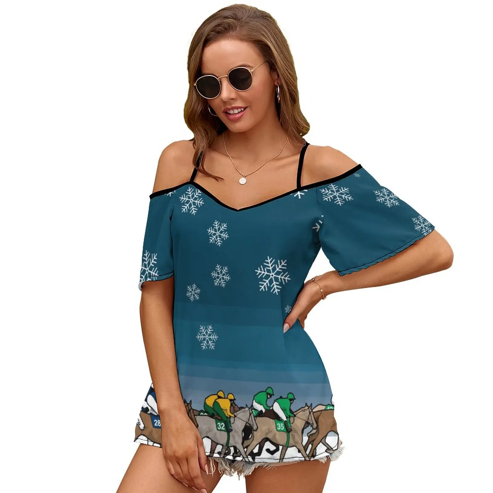 Christmas Horse Race In The Snow Print O-Neck Off-The-Shoulder Top Short-Sleeved T-Shirt Ladies Streetwear Christmas Horses