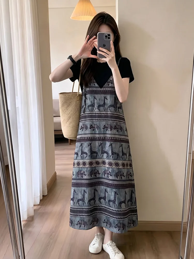 Slimming Effect Korean Style Two-Piece Set round Neck V-Neck Women's Summer New Style Inner Wear Strap Dress Casual High Wais...