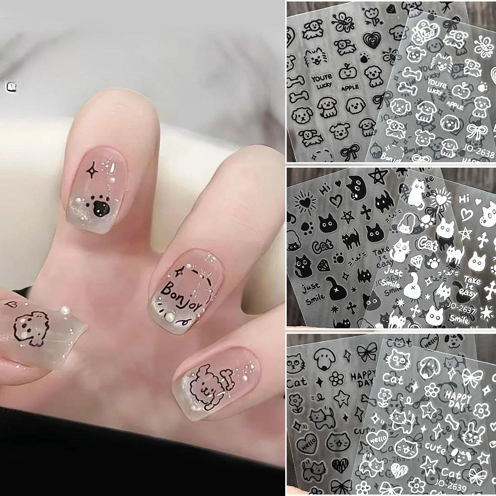 Autocollants pour Ongles Kawaii avec Motif de Petit Chat Noir, Dessin Animé, Mignon, Étoiles, Lettres, Curseur, Y2K, Coréen, Japonais, Nail Art, Manucure Ouverte