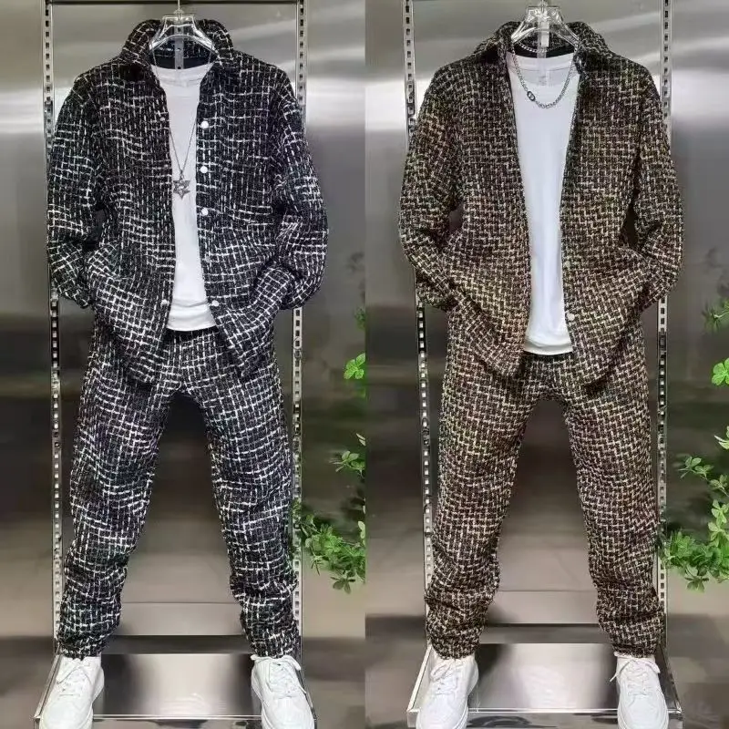 Fashionable Casual Men's Two-Piece Set Spring Autumn New Arrival Elegant Shirt And Long Pants Ensemble Polyester Fabric