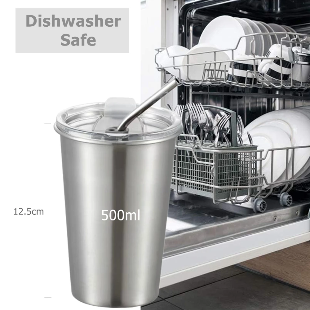 3 Pack  Stainless Steel Cup Pint Cup with Straw Lid for Kids and Adult Tumbler Metal Cup 16oz Drinking Glasses 500ml Home Travel view 4