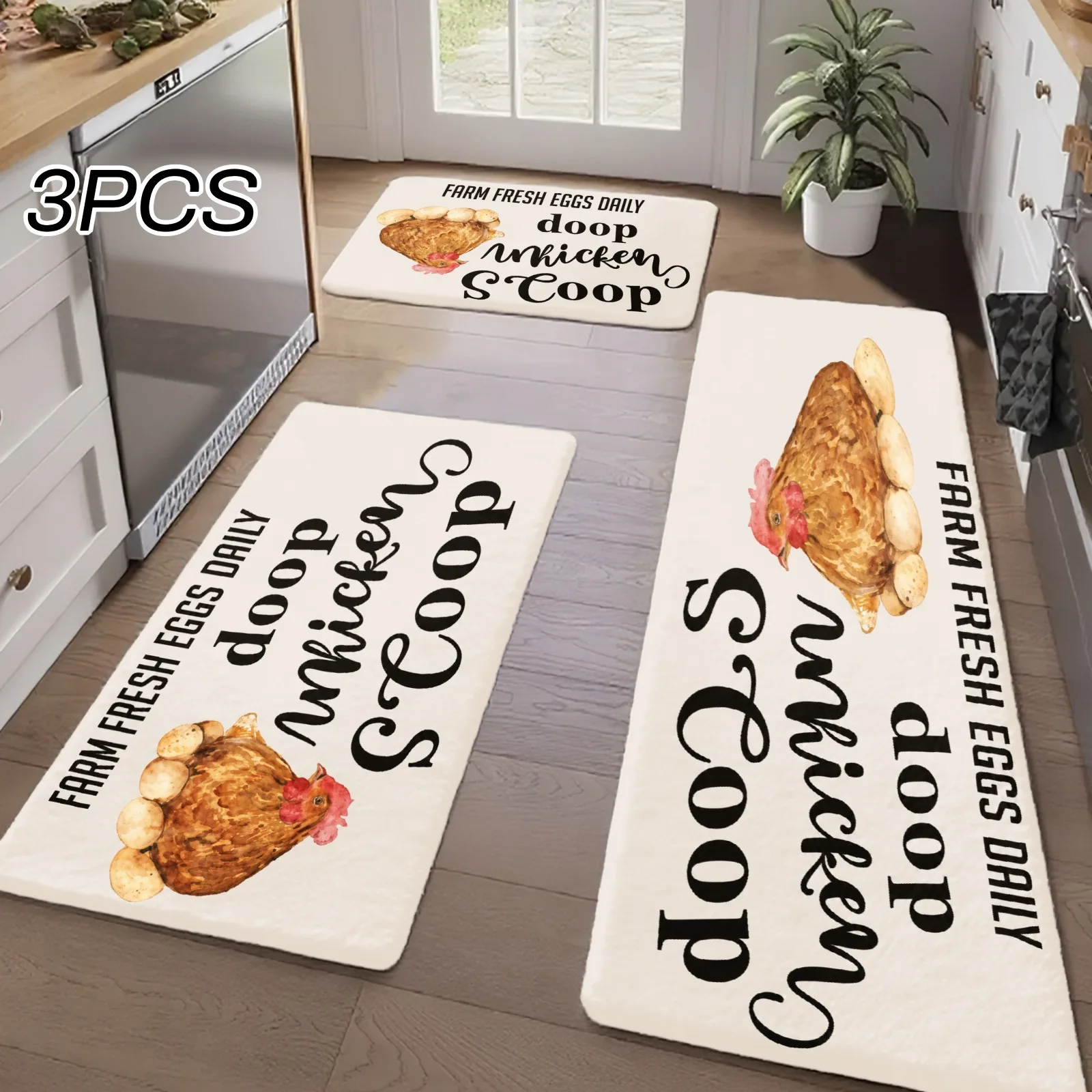 3PCS Kitchen Rugs,Home Decoration for Front Door, Kitchen, Bathroom, Farm Fresh Eggs Daily Doop Chicken Scoop Dining Mat