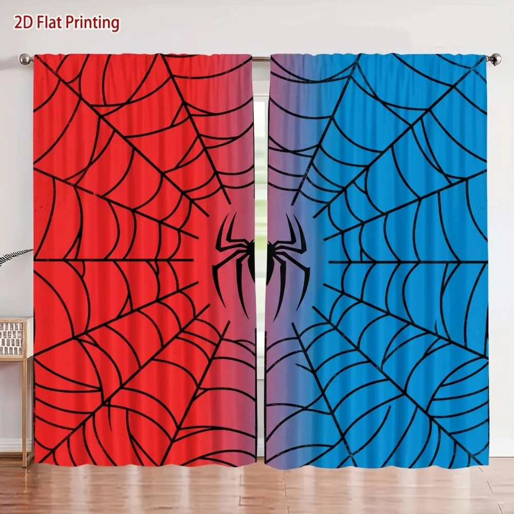 2PCS Halloween Curtains, Red Blue Spider Web, Digital Print, Bedroom Living Room, Office, Kitchen, Bathroom, Polyester