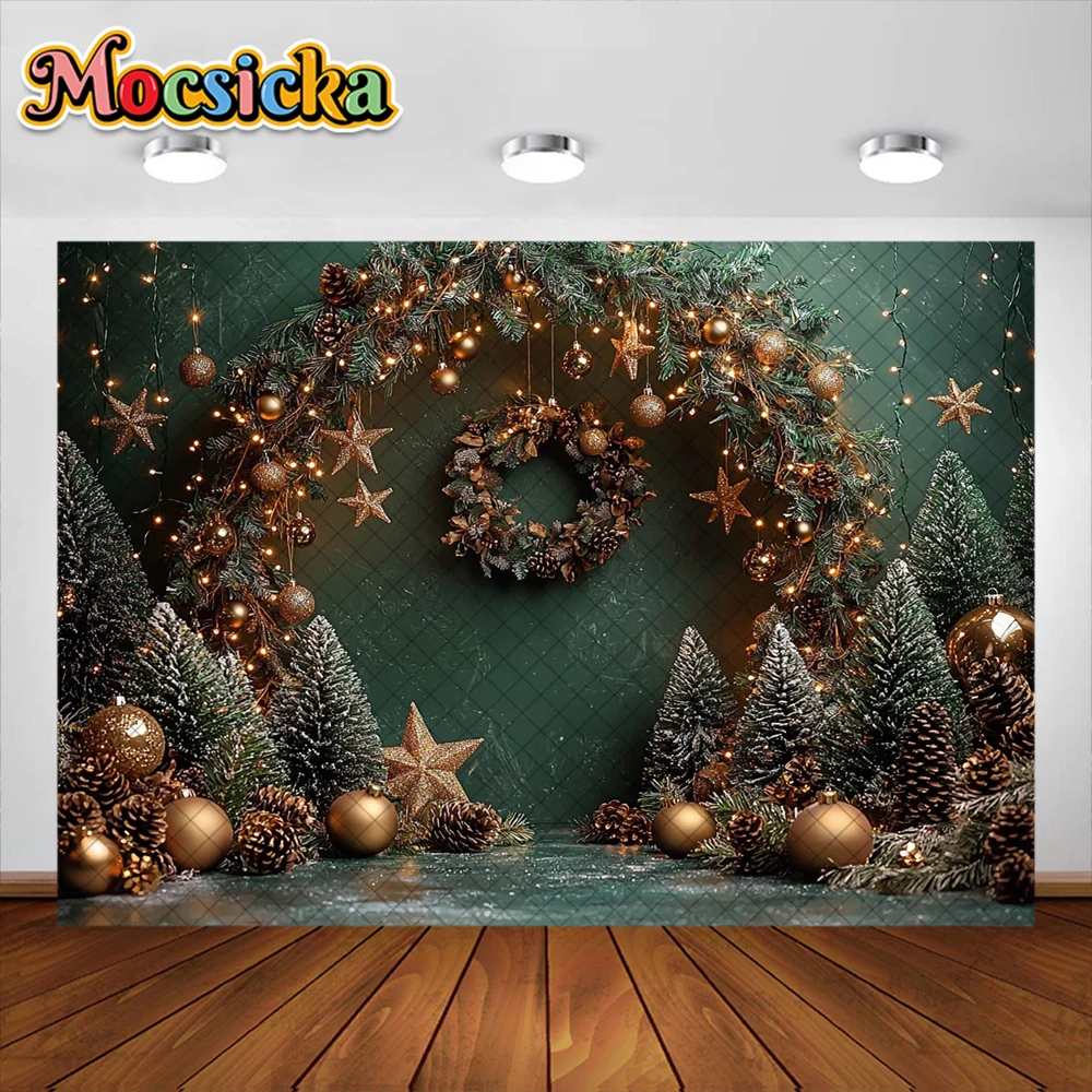 Fondo de fotografía de Navidad, corona de árbol de Navidad, suministros de decoración de estrellas doradas, fondos de retrato de foto de vacaciones para niños