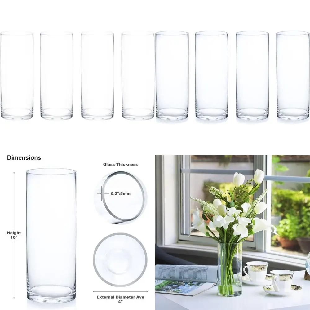 

Набор из 4 прозрачных стеклянных ваз - 4 широкие, 10 высоких, с круглым дном, для свечей-столбиков и домашнего декора, идеально подходят для свадеб