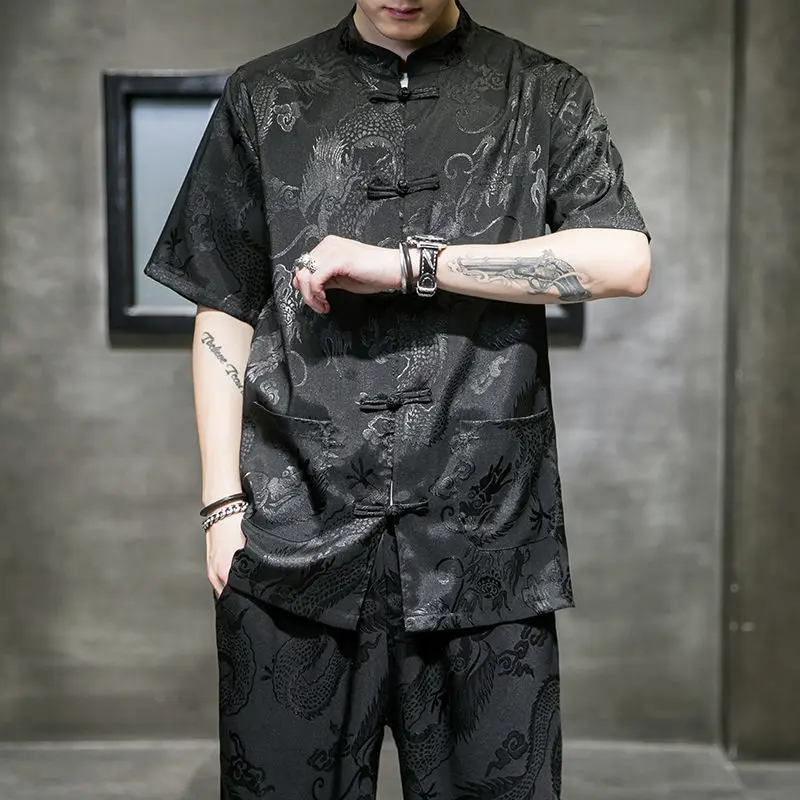 

Chinese Style Tang Clothes Dragon Jacquard Tops Men Short Sleeve Streetwear Hip Hop Gothic T-Shirts Harajuku Blouses Bigsize