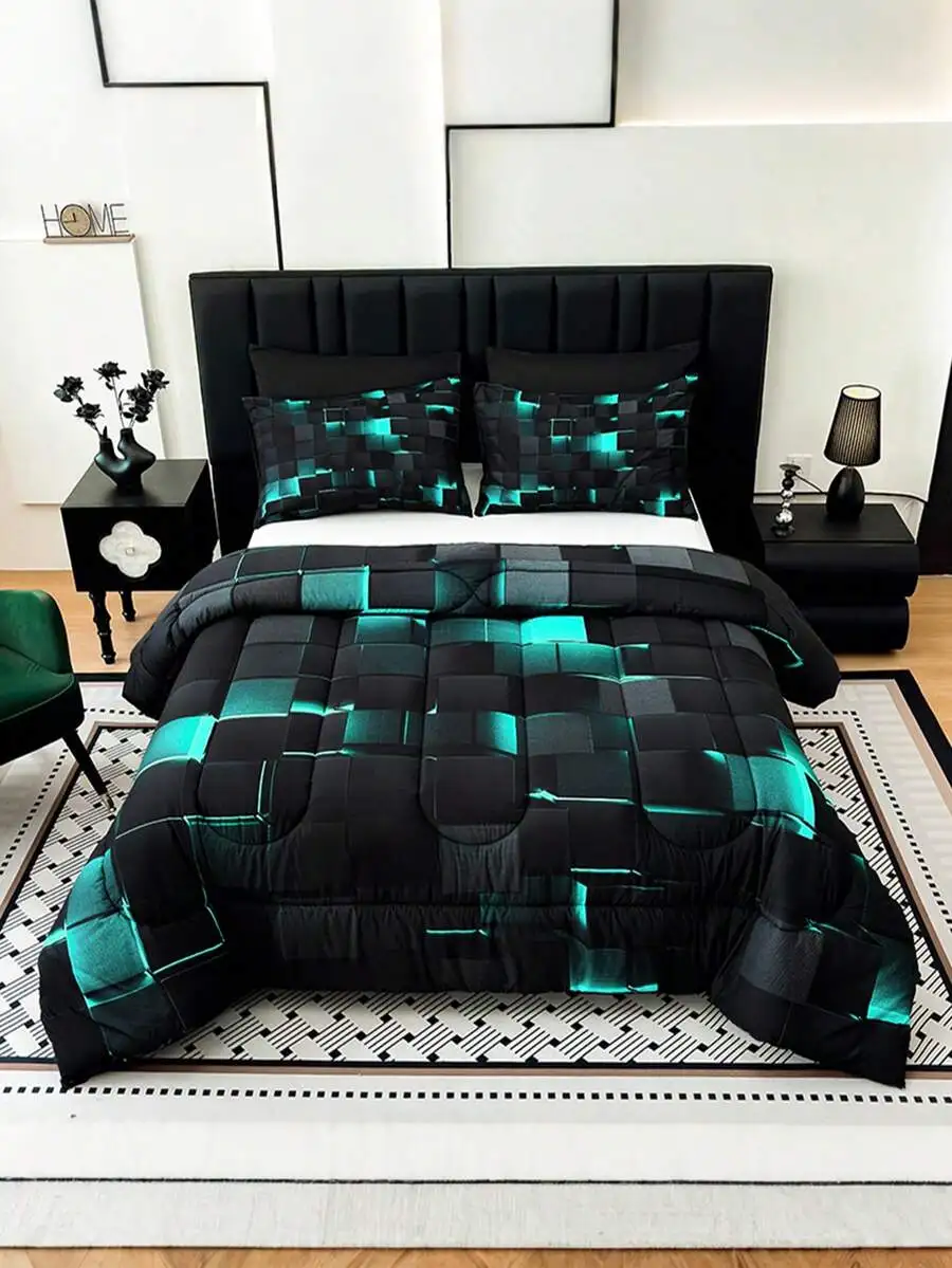 3PCS Fashion Tech-Feel Super Soft And Breathable Thicken Plaid Bedding Set (1 Comforter + 2 Pillowcases, Without Pillow Inserts)