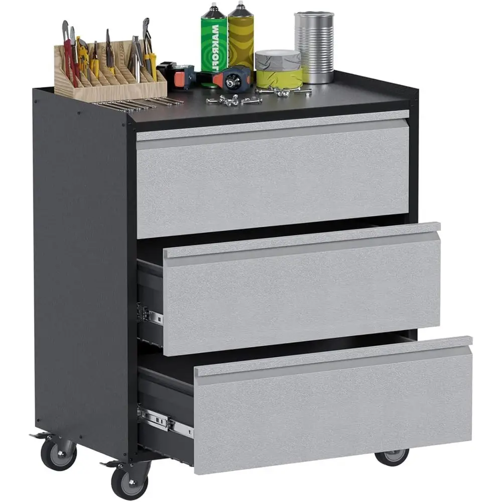 3-Drawer Mobile Metal Tool Chest on Wheels, 35.4 High, for Garage, Workshop, and Office, Black/Grey
