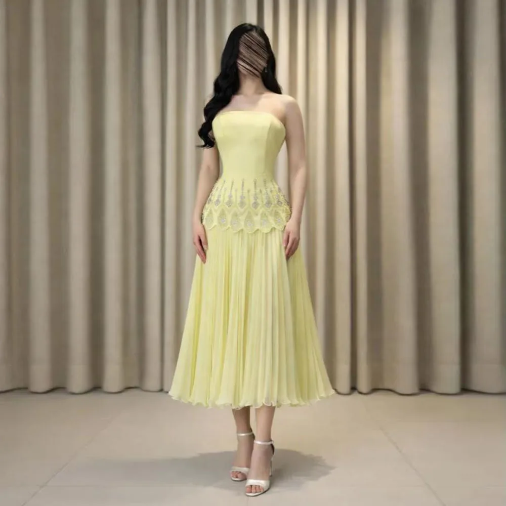 

Customized Bead Embellished Pleat Prom Dress Strapless Tea Length Wedding Guest Gown with Scarf A Line Yellow robes de soirée