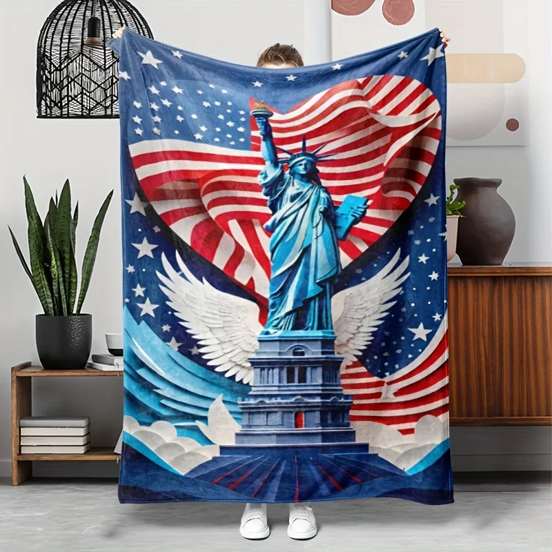 1pc Statue of Liberty Flannel Blanket - Vintage Patriotic Design with American Flag & Stars, All-Season Soft Warmth for Home, Ca
