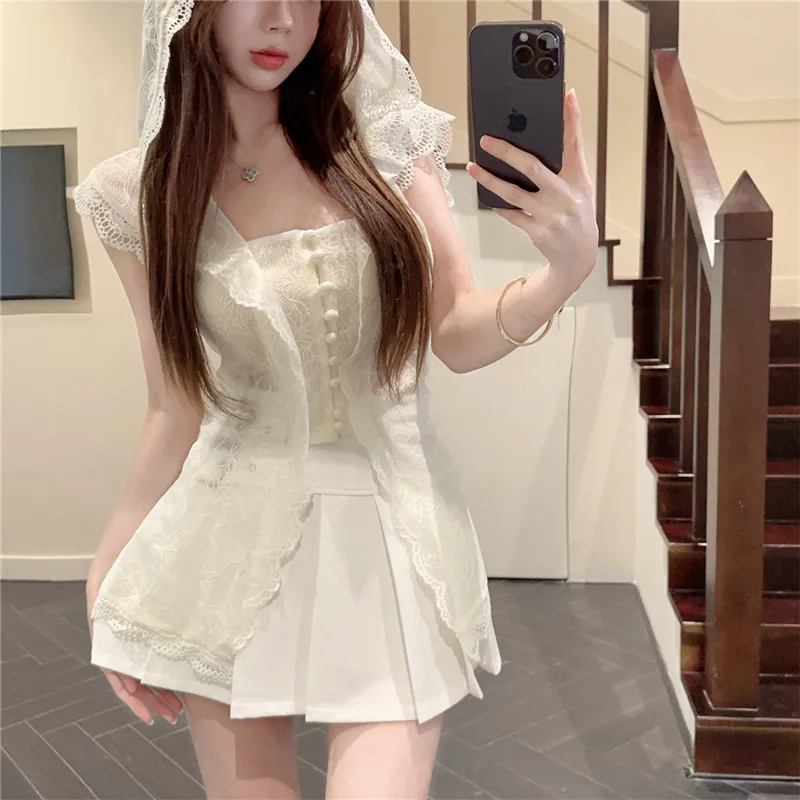 

Summer Fashion 2 Piece Sets Square Collar Black White Lace Shirt Hooded Top&High Waist Pleated Mini Skirt Small Girl 2pc Suits