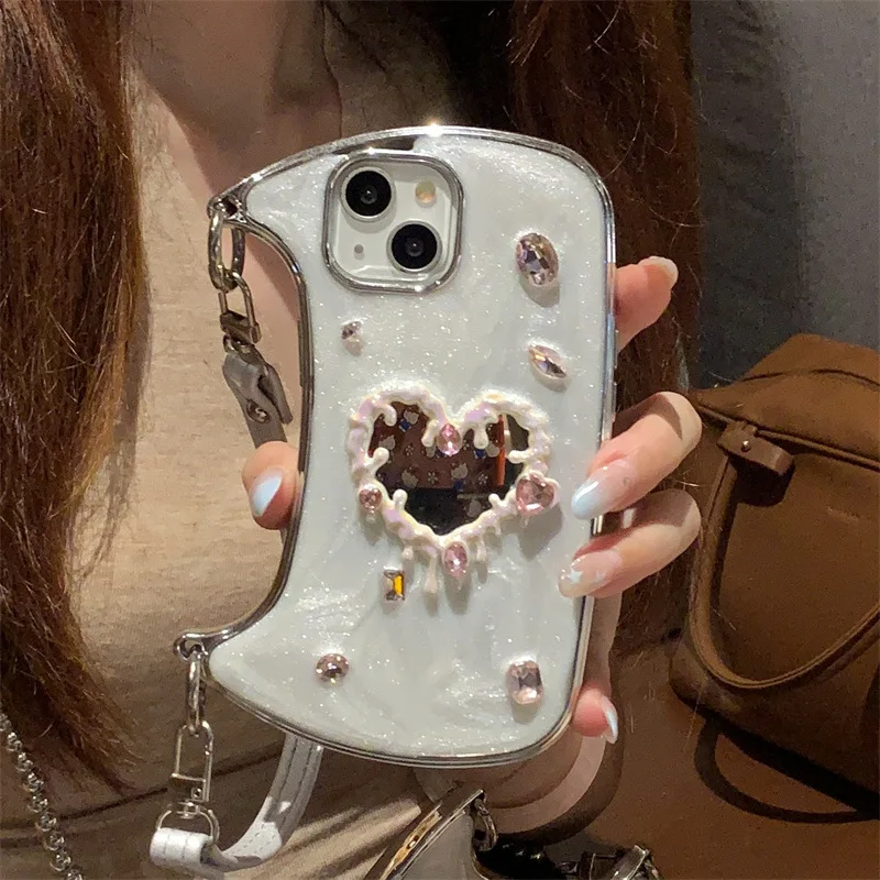 Koreanische 3D-Glitzer-Edelstein-Liebes-Herz-Spiegel-Handyhülle für iPhone 17, Air 16, 15, 14, 13, 12, Handtasche, Lederband, stoßfeste Abdeckung
