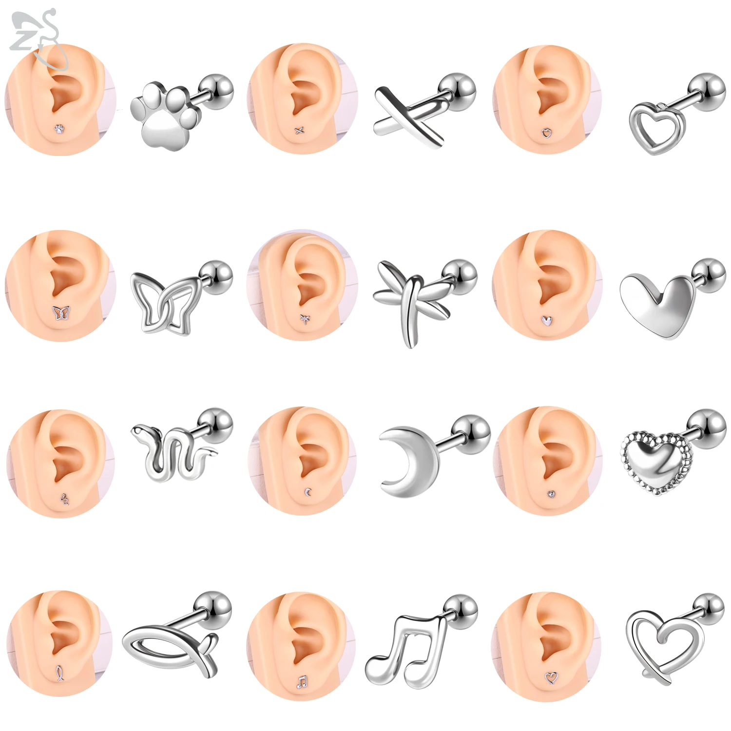 ZS 2 unids/lote 20G pendiente de tuerca de acero inoxidable para mujer mariposa serpiente forma de libélula pendiente hélice cartílago Piercing 20G