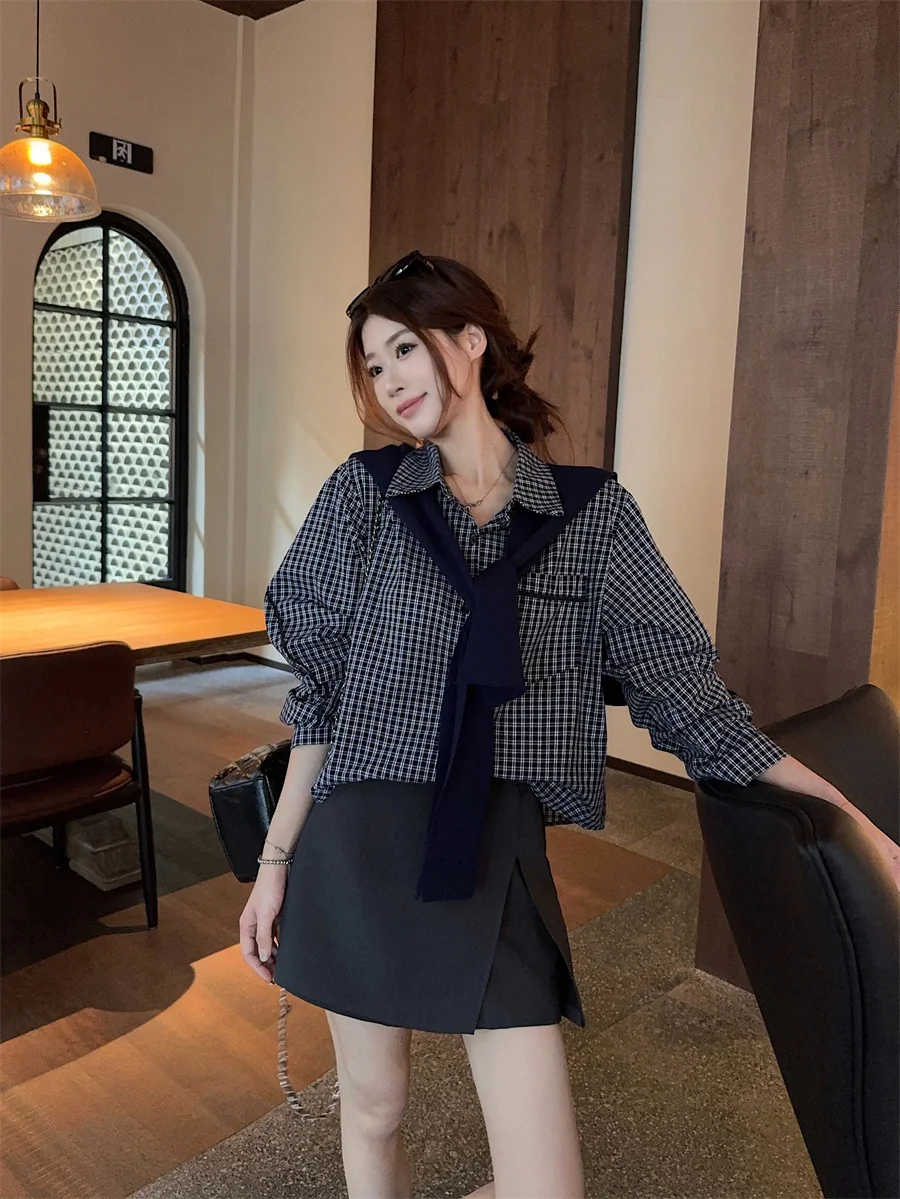 

Женский осенний комплект: синяя клетчатая рубашка и плиссированная юбка в корейском стиле, свободный крой, длинный рукав