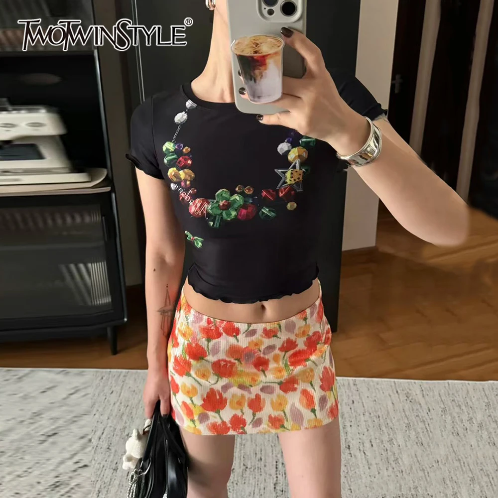 

TWOTWINSTYLE Black Spliced Print Basics T Shirt Female O Neck Short Sleeve Slimming Women's T Shirts Summer Style Fashion New