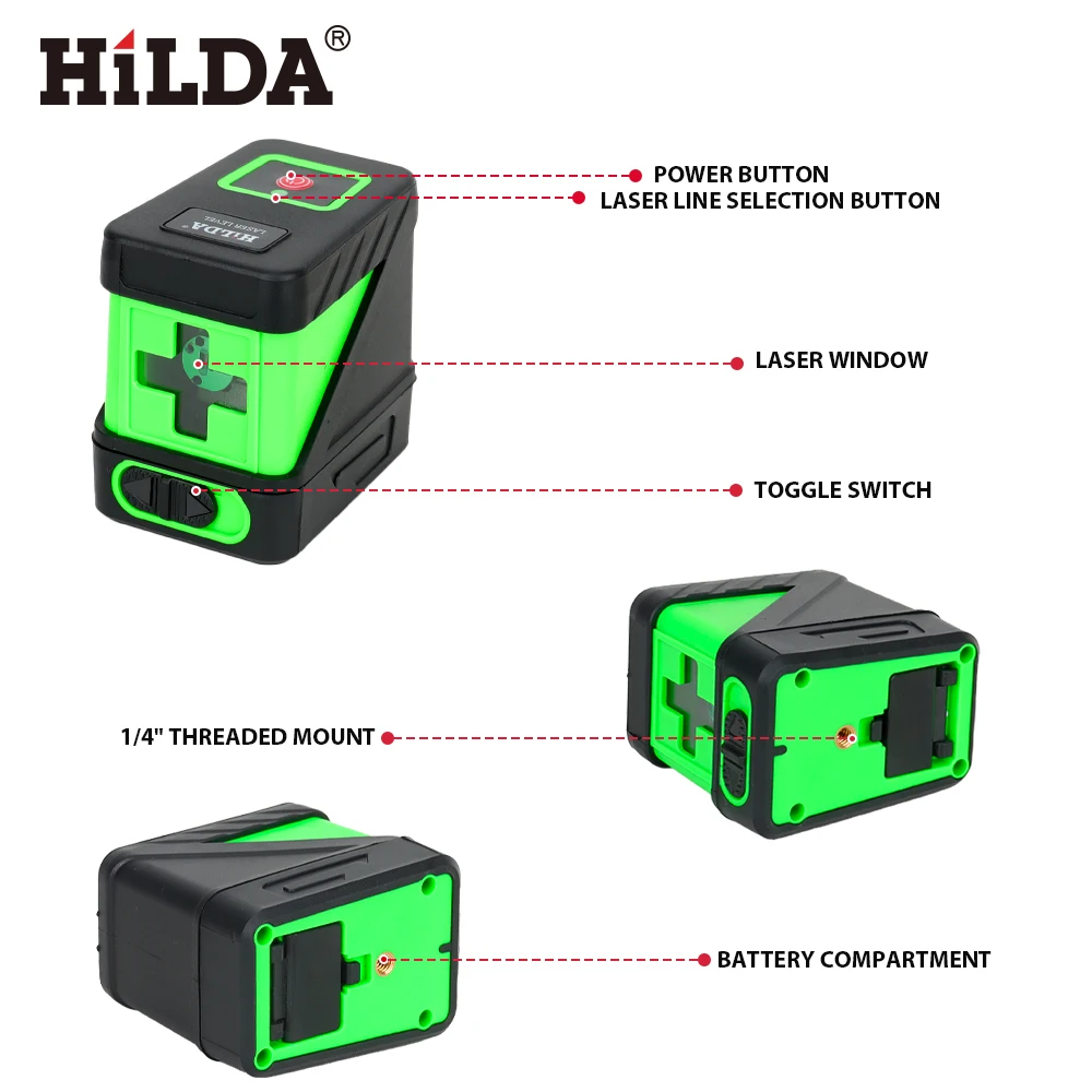 HILDA 2-lijnen laserniveau Zelfnivellerende groene balken Laser Horizontale en verticale kruislijn