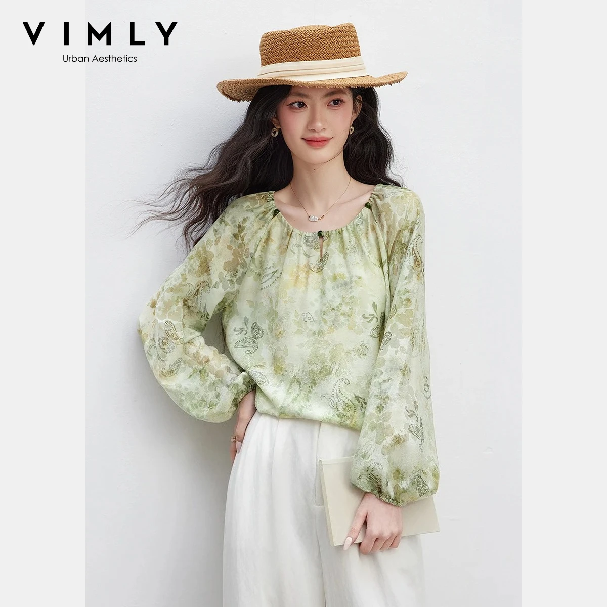 

VIMLY Women's Chiffon Blouse 2026 Spring New French Elegant Green Floral Print Beaded Neck Long Sleeve Lightweight Shirt A5125
