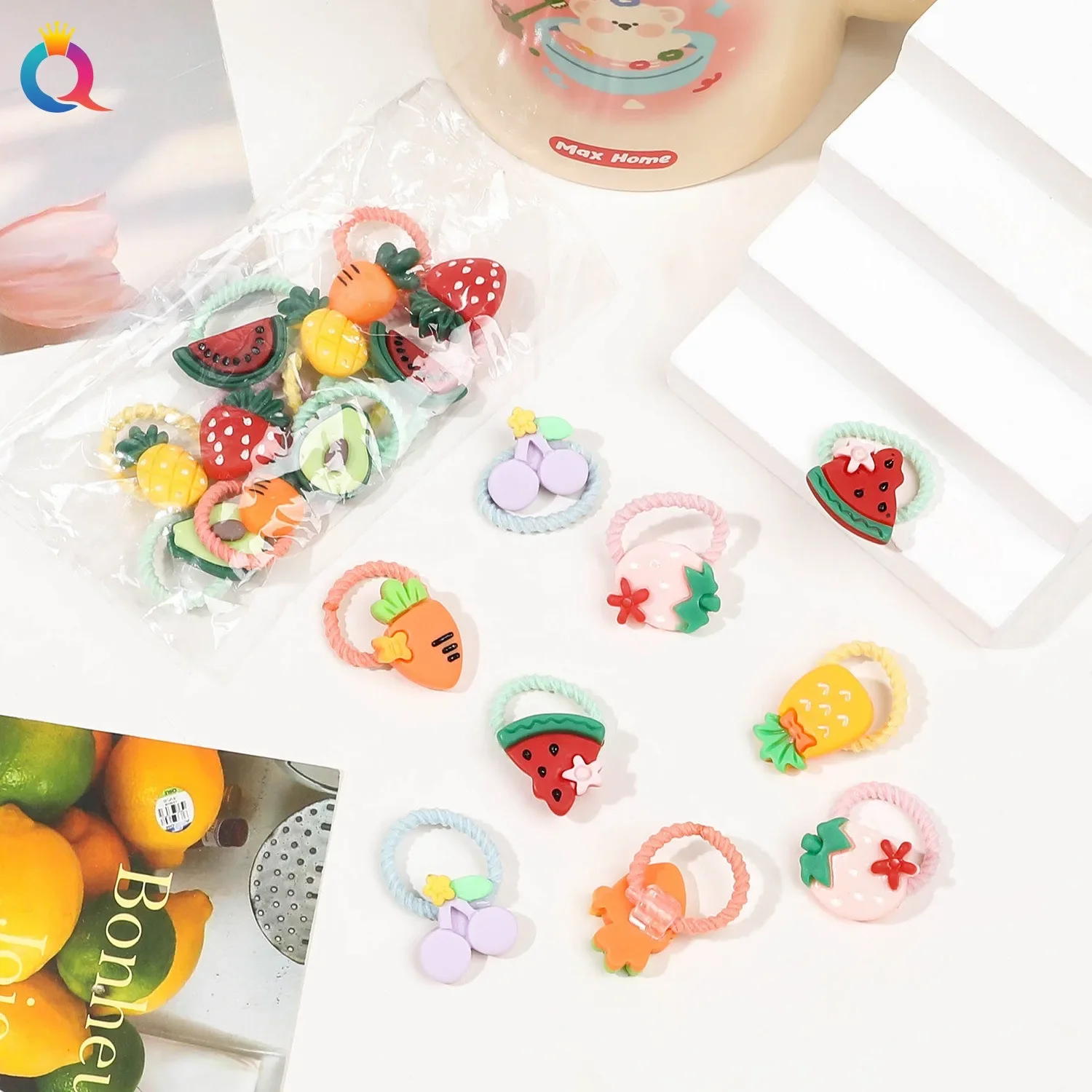 AdTosFruit Design Elastic Bands for Girls, Small Children Hair Rope, Pink, Purple, Flower Scrunchies, Ponytail Rings, 10Pcs