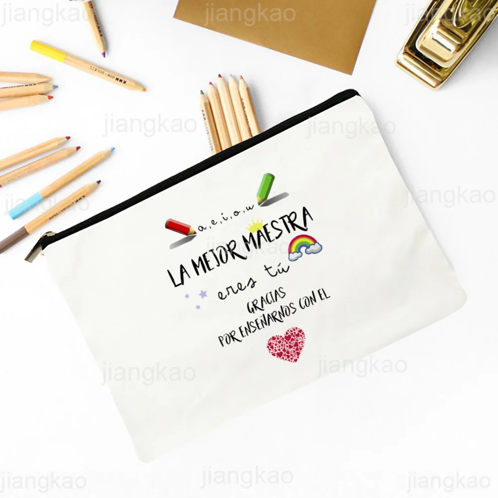 Best Teacher in The World Spanish Print Makeup Bag Travel Neceser Toiletries Storage Pouch Pencil Bags Graduate Gift for Teacher