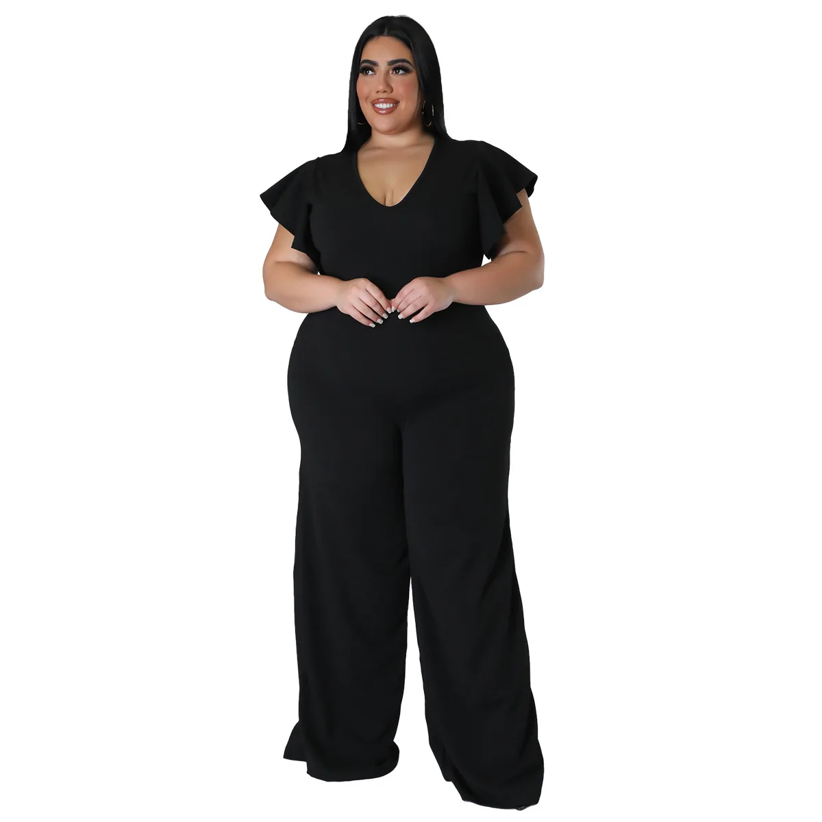 Big Size Loose Wide Leg Pants Fashion Women Jumpsuit V Neck Ruffles Short Sleeves Solid Elegant Office Lady Party Rompers 4XL