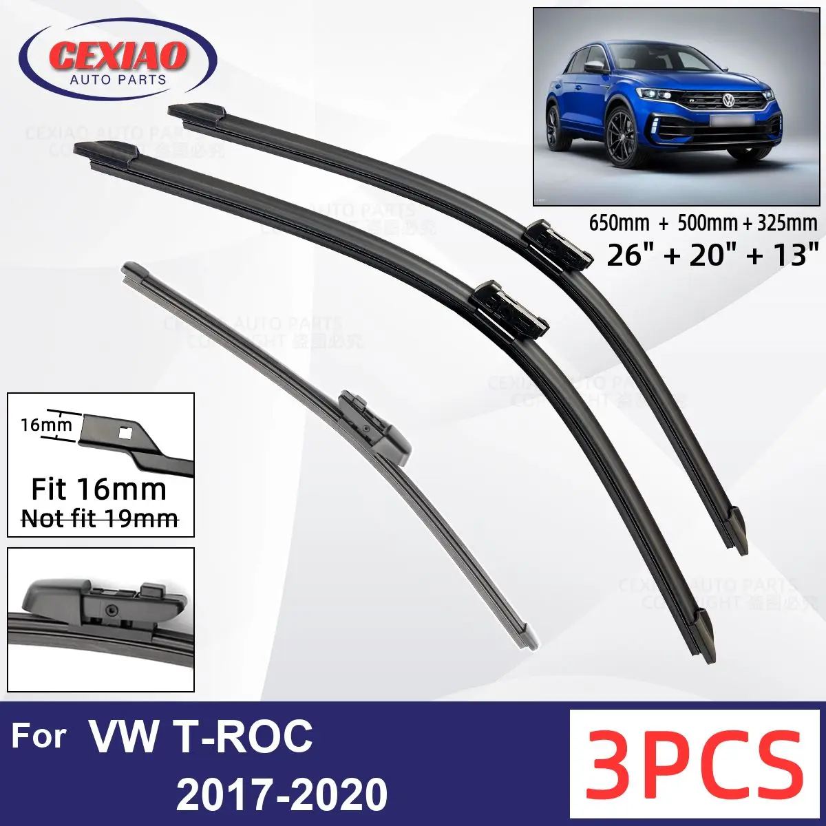 

For VW T-ROC 2017-2020 Car Front Rear Wiper Blades Soft Rubber Windscreen Wipers Auto Windshield 26"+20"+13" 2017 2018 2019 2020