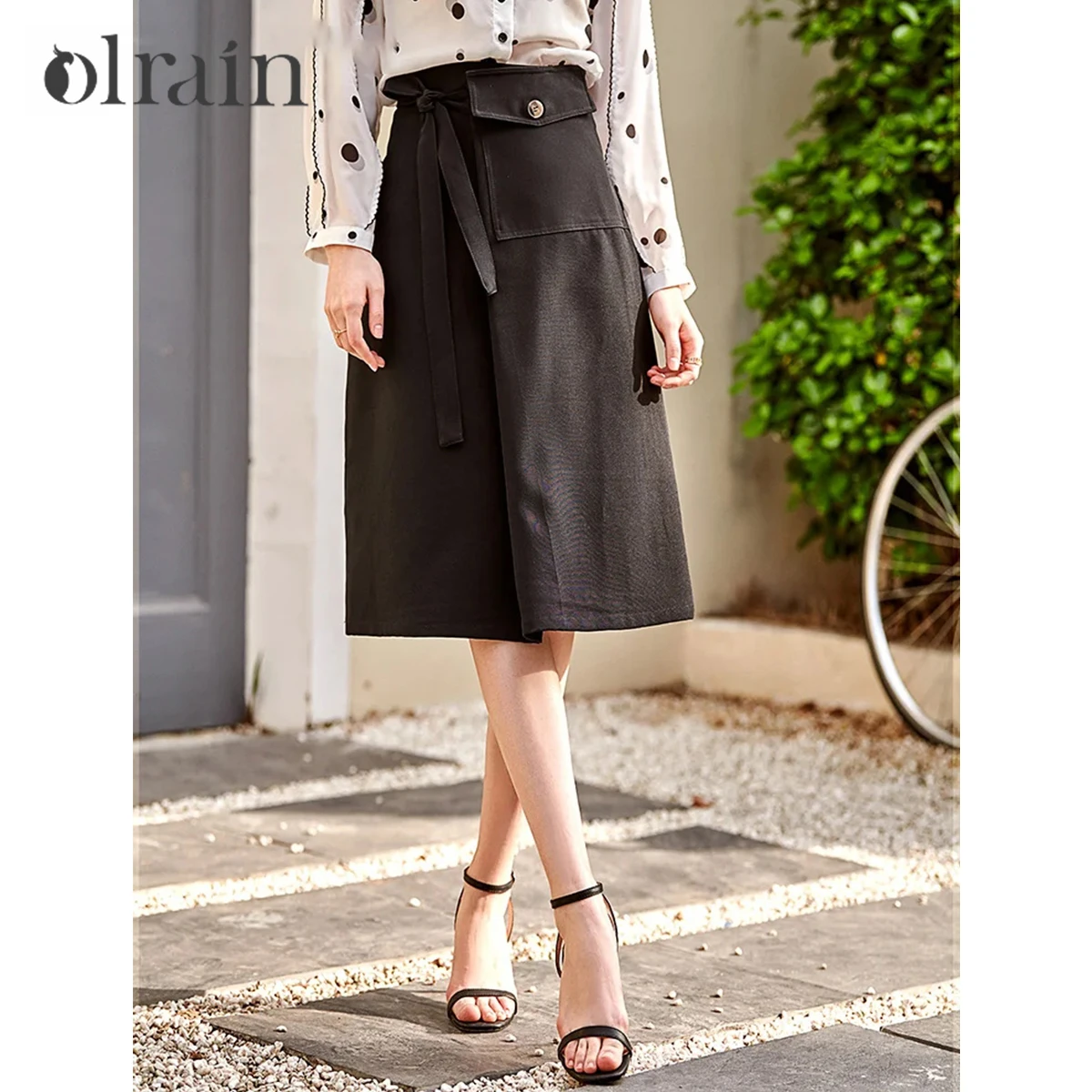 OLrain Fashion Black Skirt Women Autumn 2026 Elegant Tied High Waist Skirt Knee Length A Line Skirt Female Clothes O21CB38103