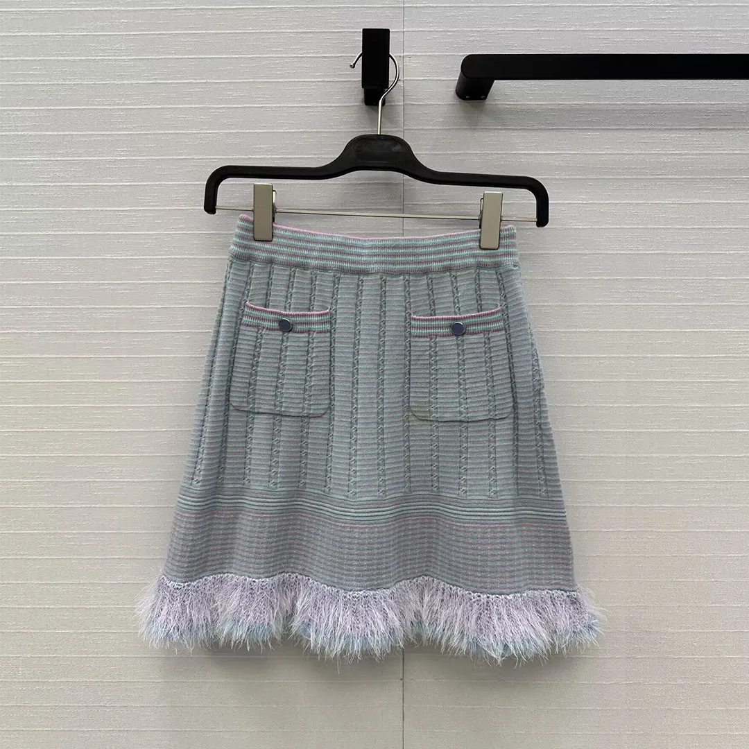 

2025 New Autumn Fashion Double Pockets Blue Plaid Knitted Mini Skirts Womens Elastic High Waist Vintage Sweet Girl Skirt