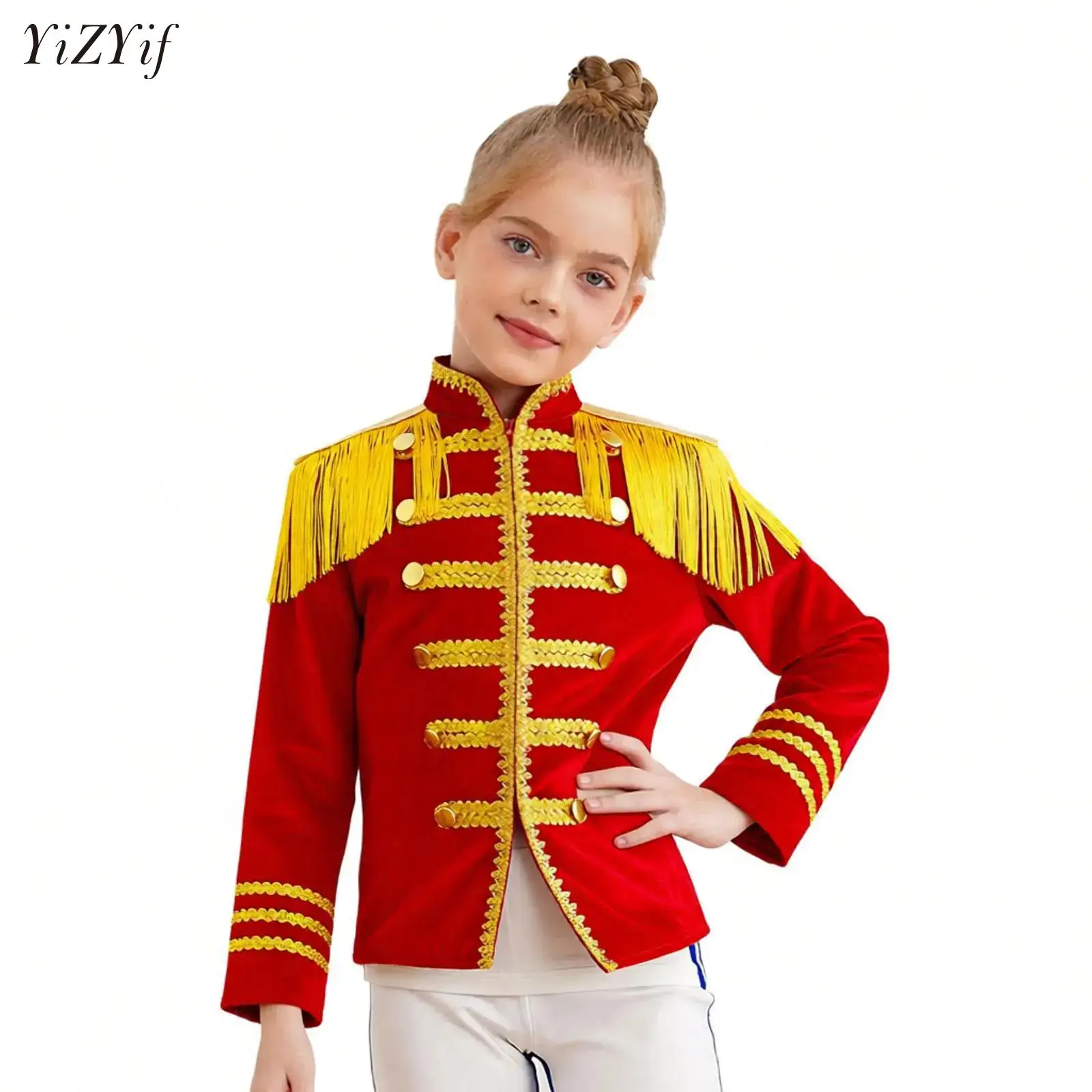 

Boys Girls Circus Ringmaster Cosplay Costume Long Sleeve Tassel Jacket Nutcrackers Drummer Major Coat Halloween Carnival Party
