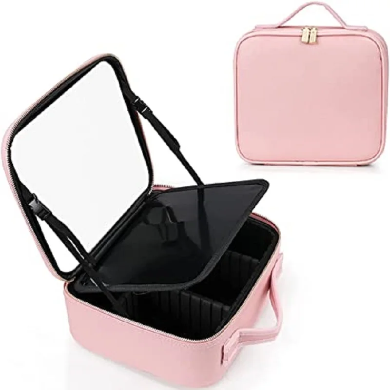 Travel Makeup Bag with Lighted Mirror, 3 LED Light Adjustable Dividers Portable Waterproof Makeup Bag with Light up Mirror Women