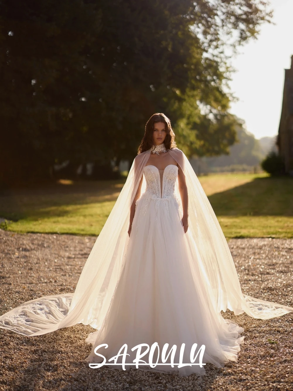 

Outdoor A Line Dreamy Sheer Wedding Dress, Beaded Floral Statement Bridal Gown, Chic Long Cape Ethereal Bride Wear, Customized