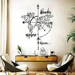 Large Hand Draw World Map Compass Wall Sticker Office Camping Wonder Explore Travel Wall Decal Bedroom Vinyl Home Decor