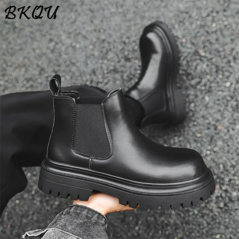 

BKQU Chelsea Boots Men 2025 British Style Mid-Calf Casual Thick-Topped High-Top Ankle Boots Unlaced Open Toe Fashion