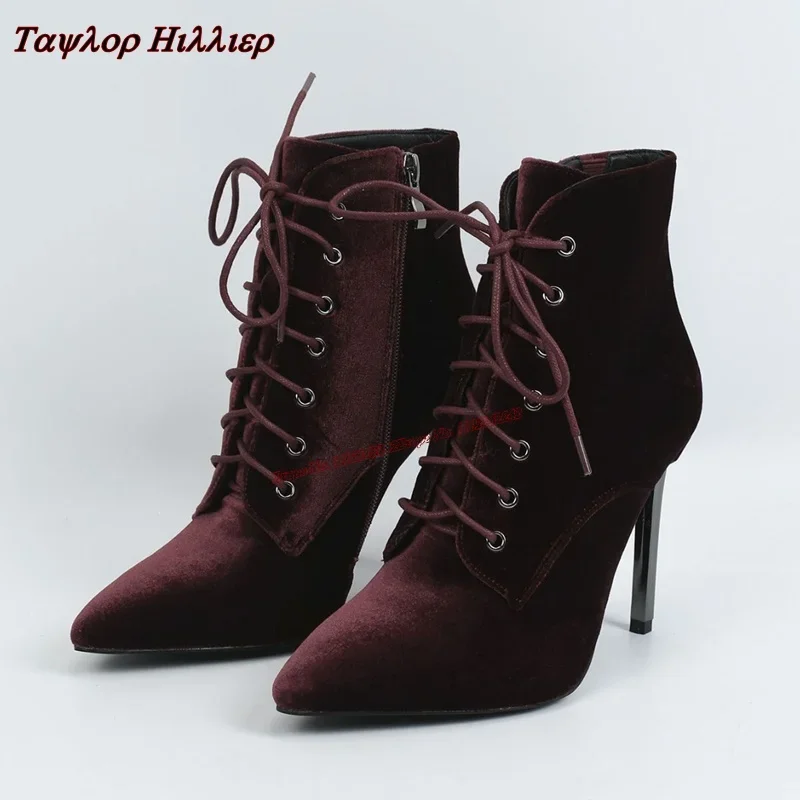 Grey Velvet Winter Boots Pointed Toe Stiletto Lace-Up Side Zipper Boots Woman 2024 Trend Offers Fashion Casual Ankle Boot Women