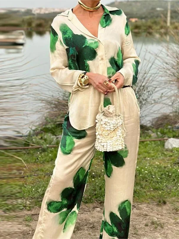 WomanPrint Pants Sets Green Blue Floral Stain Long Sleeve Shirt+Elastic Waist Lace-Up Pants  Female Sets Beach Style