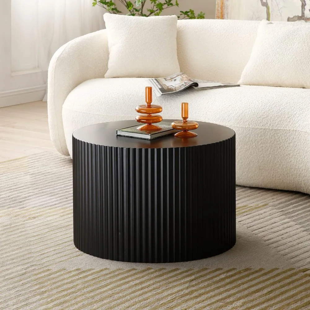 Modern Black Round Nesting Coffee Table Set of 2 for Living Room, Contemporary Wood Circle Side Tables