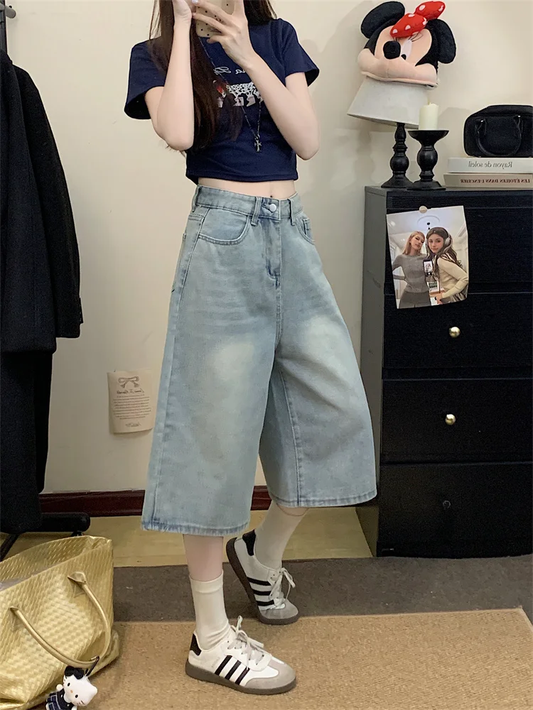 Damskie jeansy z wysokim stanem, szerokimi nogawkami, długości 7/8, w stylu amerykańskim retro, luźny krój, prosty fason, dla puszystych, jesienne modne spodnie.