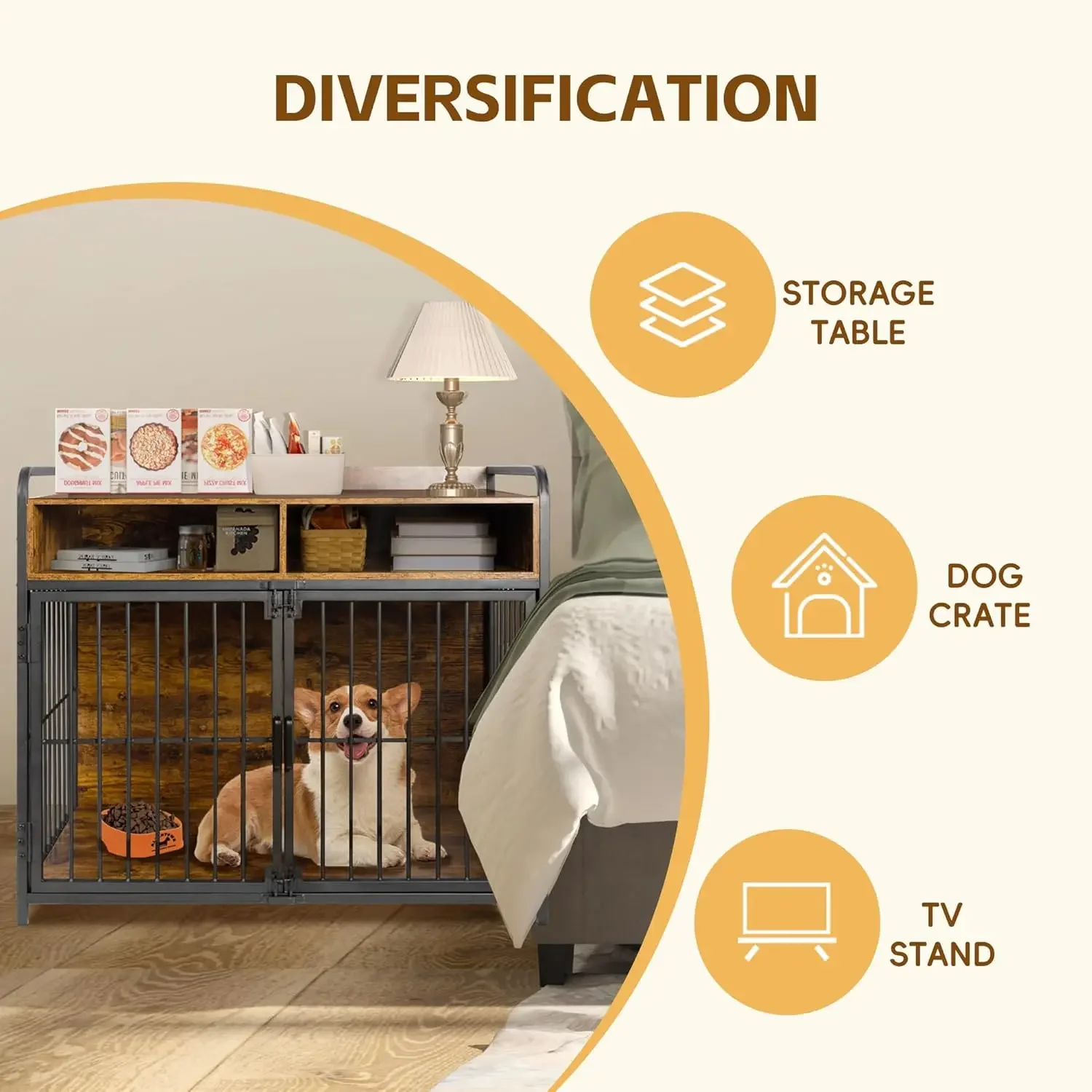 41 inch Dog Crate Furniture for Large Dog,Double Door Dog Kennel with Two Drawers Storages,Reinforced Horizontal Bars,Indoor Dog