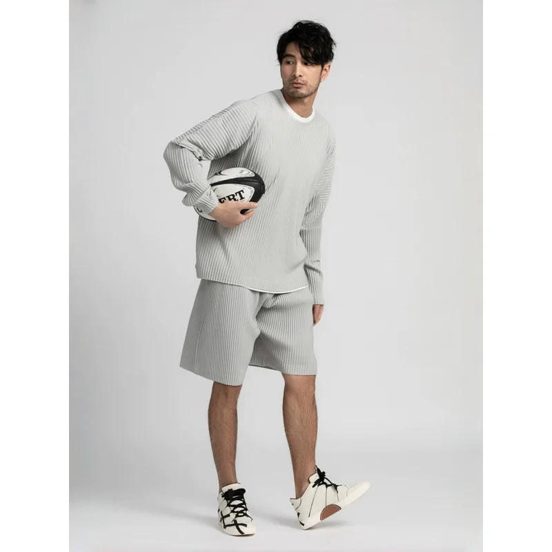Miyake Pleated Shirt Men Long Sleeve T Shirt Casual Loose Fit Round Neck Tops Japanese Style
