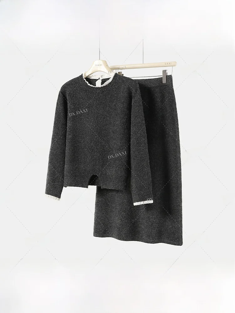 

Elegant Winter Knitted Set High Waist Straight Skirt Lace Splicing Color Block Women's Fashion Two-Piece Suit Casual Wear