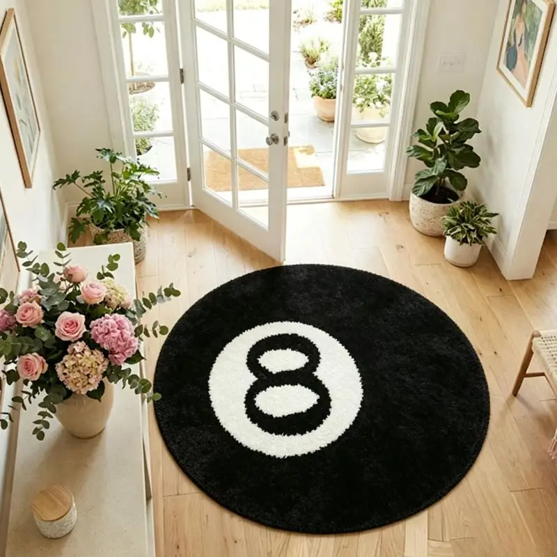 VIKAMA Round Number 8 Shaggy Rug Black White Soft Fluffy Non Slip Circle Floor Mat For Entryway Bedroom Home Decor