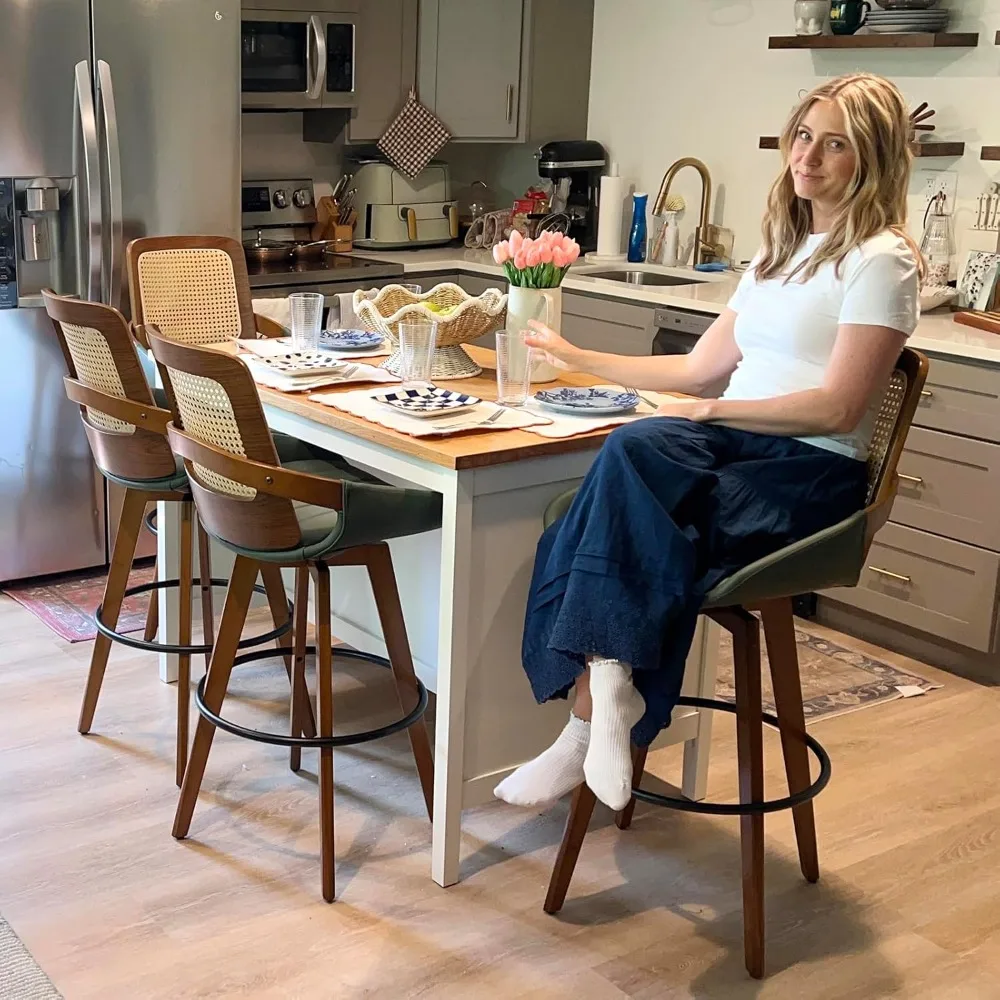 مجموعة مقاعد الروطان، مقعد قضيب دوار مع مسند ظهر من الخيزران، مقعد مبطن من الجلد الصناعي #4