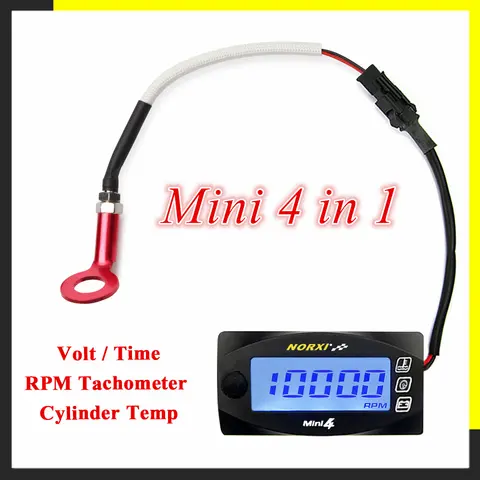 Voltímetro de temperatura da cabeça do cilindro para motocicletas, tacômetro de tempo rpm, mini 4 em 1, display digital led, medidor quádruplo
