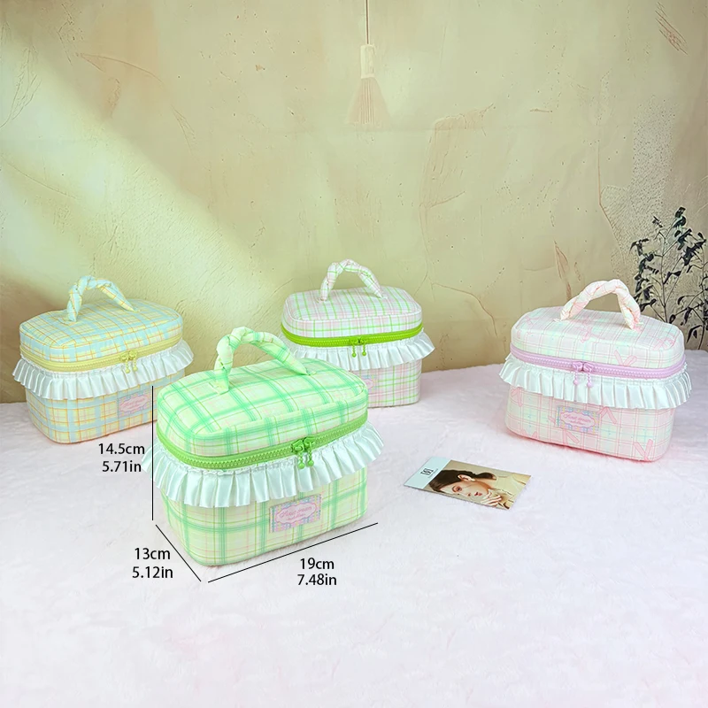 Large capacity bag with lace, rainbow and check patterns for makeup use