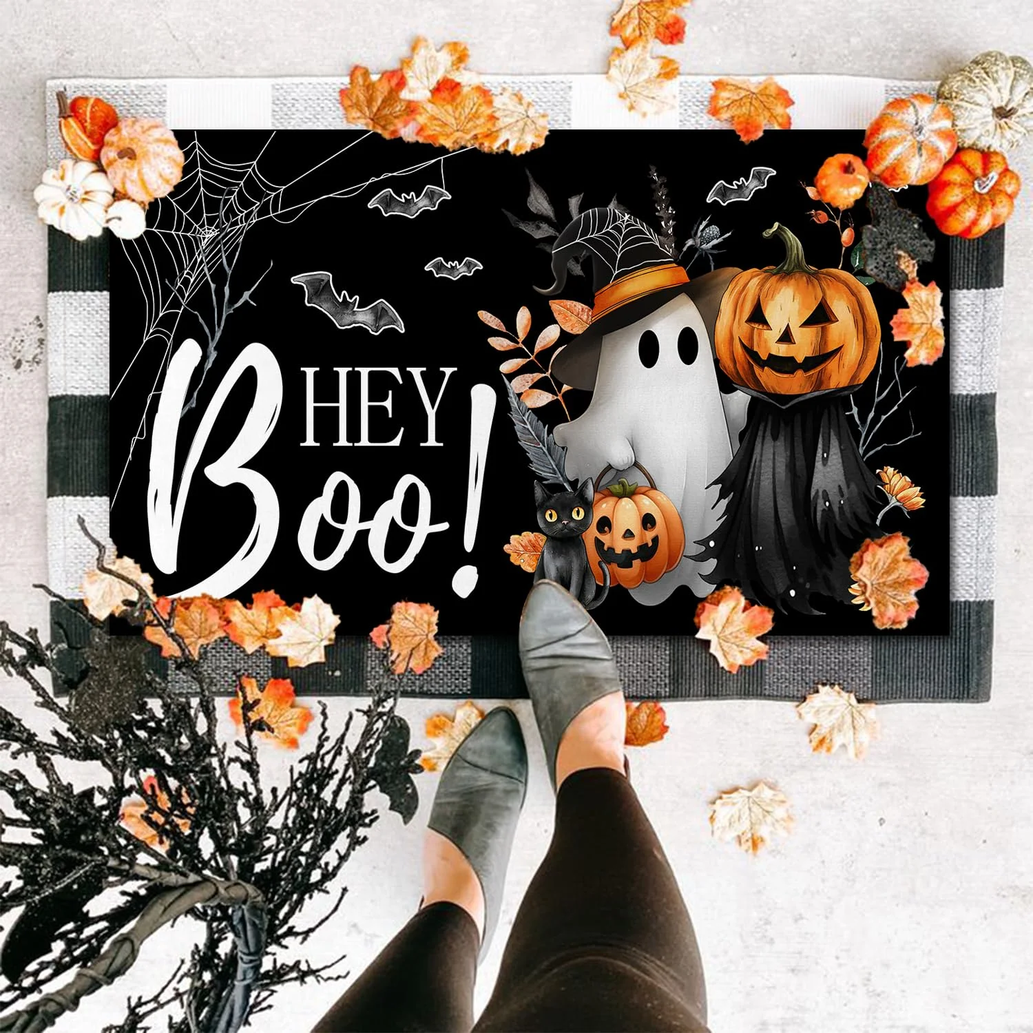 VIKAMA Hey, Boo! Halloween Welcome Carpet - Terrifying Entrance Floor Mat, Stain-Resistant Bathroom Floor Mat, Home Decoration.