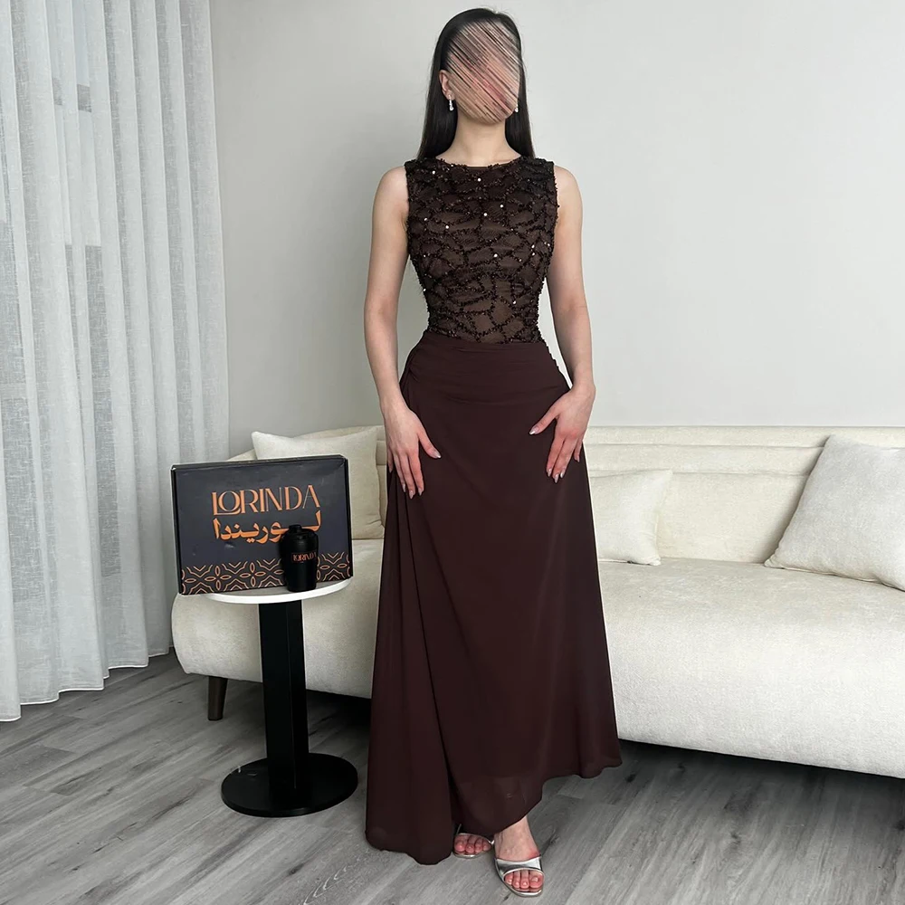 

Graceful Dark Brown O-Neck Evening Dress for Women Customized Chiffon Sleeveless Lace Sequined Straight Formal Party Prom Dress