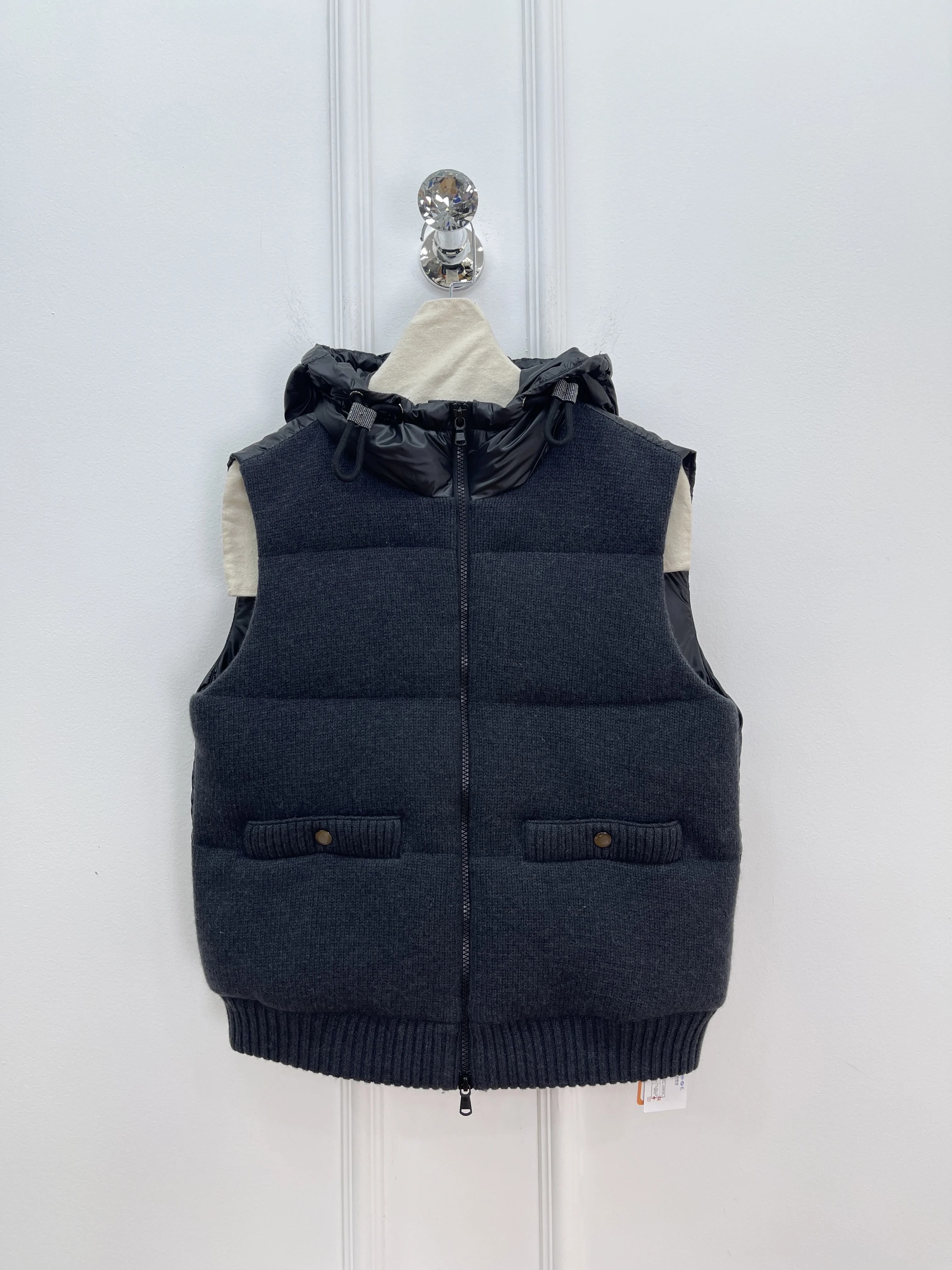 25-Herbst- und Winter-Daunenweste, modische Weste mit Reißverschluss und Kapuze, warme Weste für Damen aus Wolle