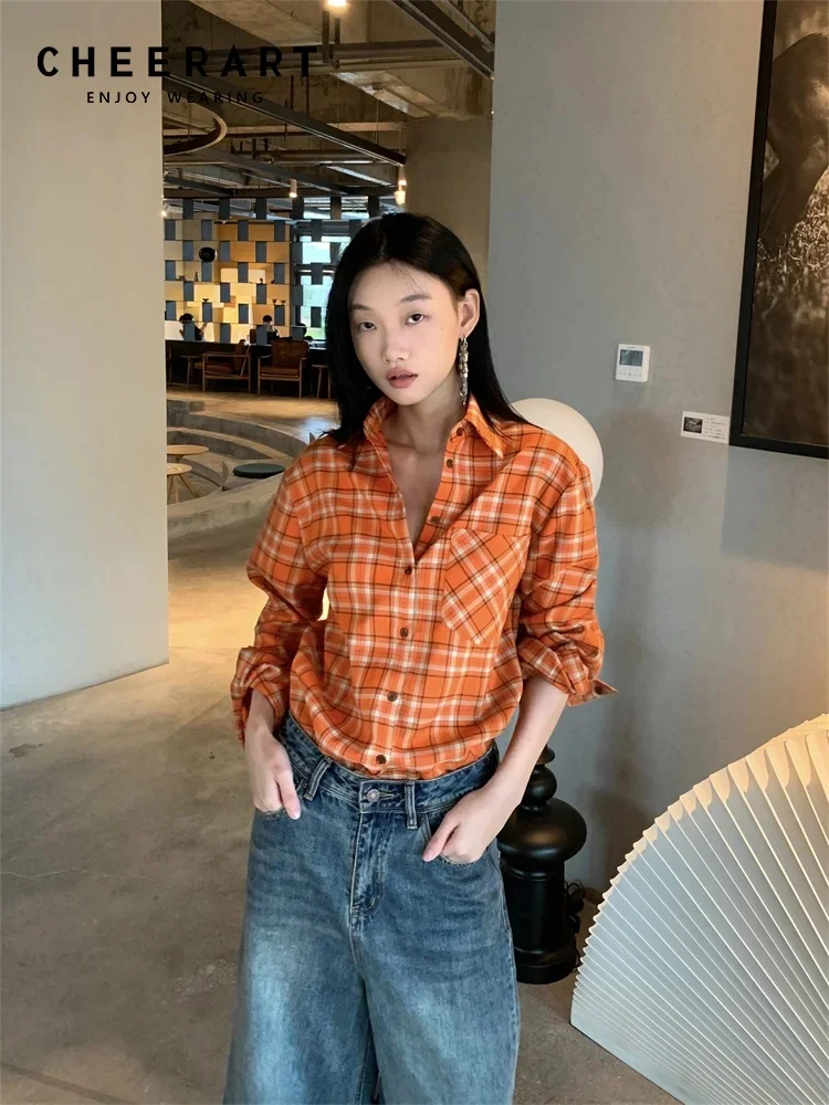 

CHEERART Orange Plaid Long Sleeve Shirt Female Fashion Designer Button Up Collared Baggy Shirt Tops Woman 2025 Clothes