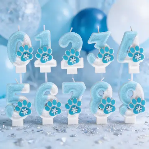 Cat Paw Theme 0‑9 Number Birthday Candle Blue White Glitter Cake Topper With Snowflake Cat Paw Ornament Cake Decoration Supplies