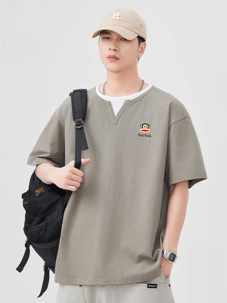 

Футболка Paul Frank Monkey с V-образным вырезом и коротким рукавом, мужская летняя футболка с принтом и цветными блоками, повседневная, дышащая, из хлопка и полиэстера