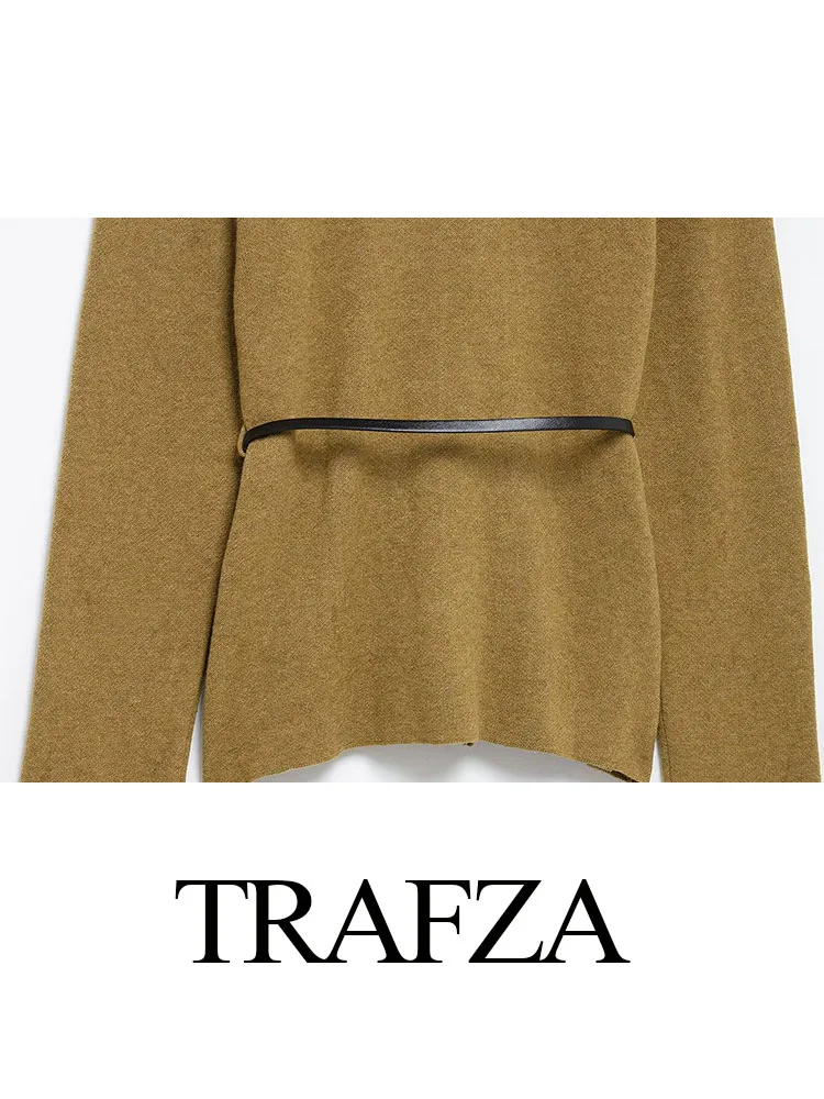 TRAFZA Women's New Fashion V-Neck Belt Pure Wool Casual Jacket Female Elegant High-End Knit Long Sleeve Cardigan 2-Color Outwear